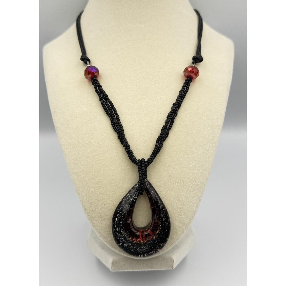 Vintage EL Erica Lyons Art Glass Seed Bead Black Red AB Boho Statement Necklace‎